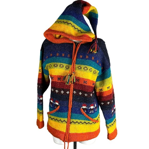 Vintage Sweaters - Vtg 90s Y2k Rainbow Striped Nepal Handmade Hoodie Jacket Pointy Hood Size L/XL